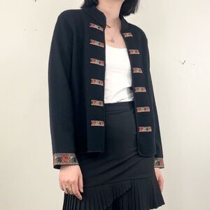 Vintage Casual Corner Annex Black Floral Embroidered Asian Cardigan Wool Jacket